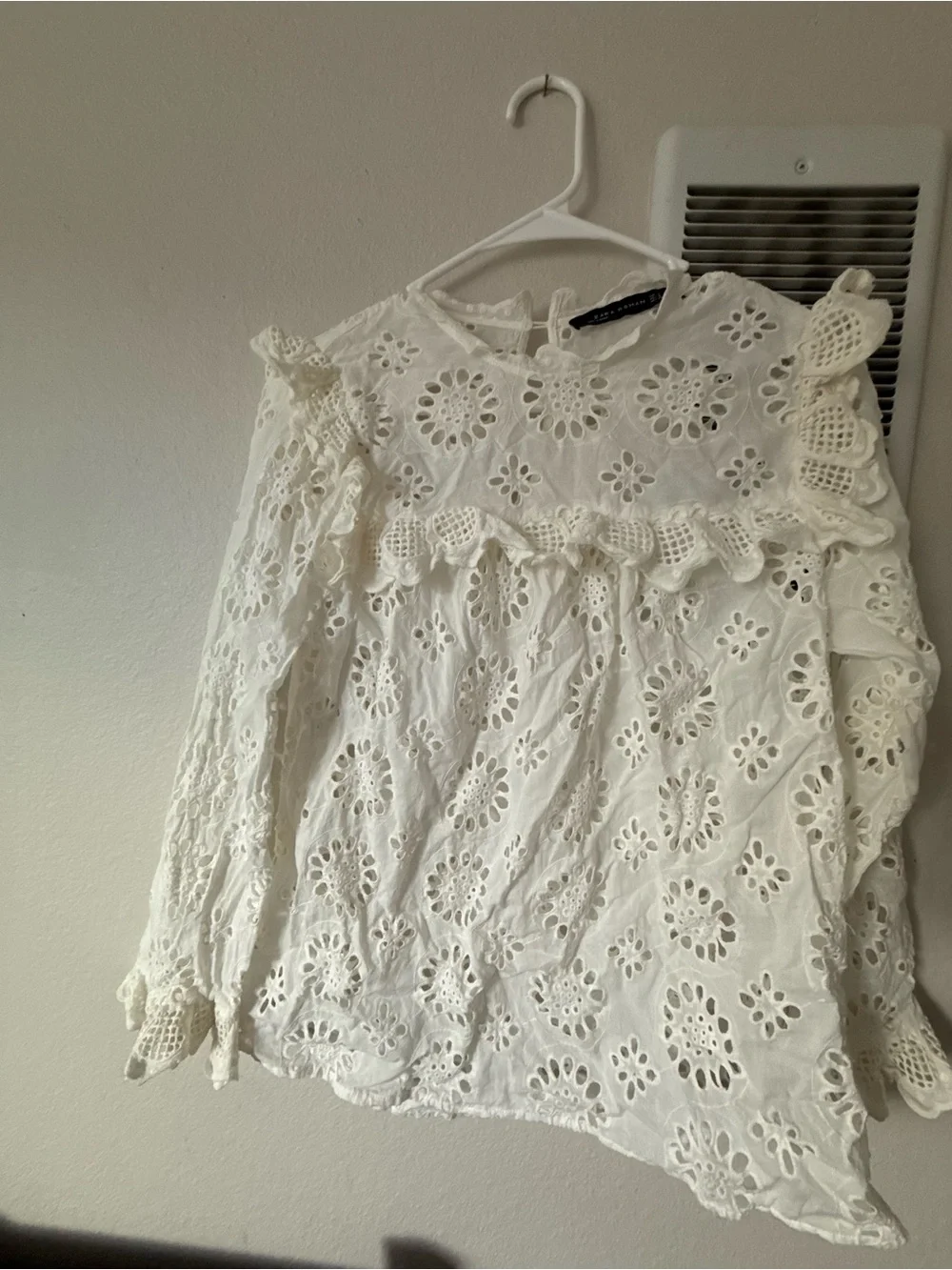 Zara White Eyelet Lace Ruffle Blouse